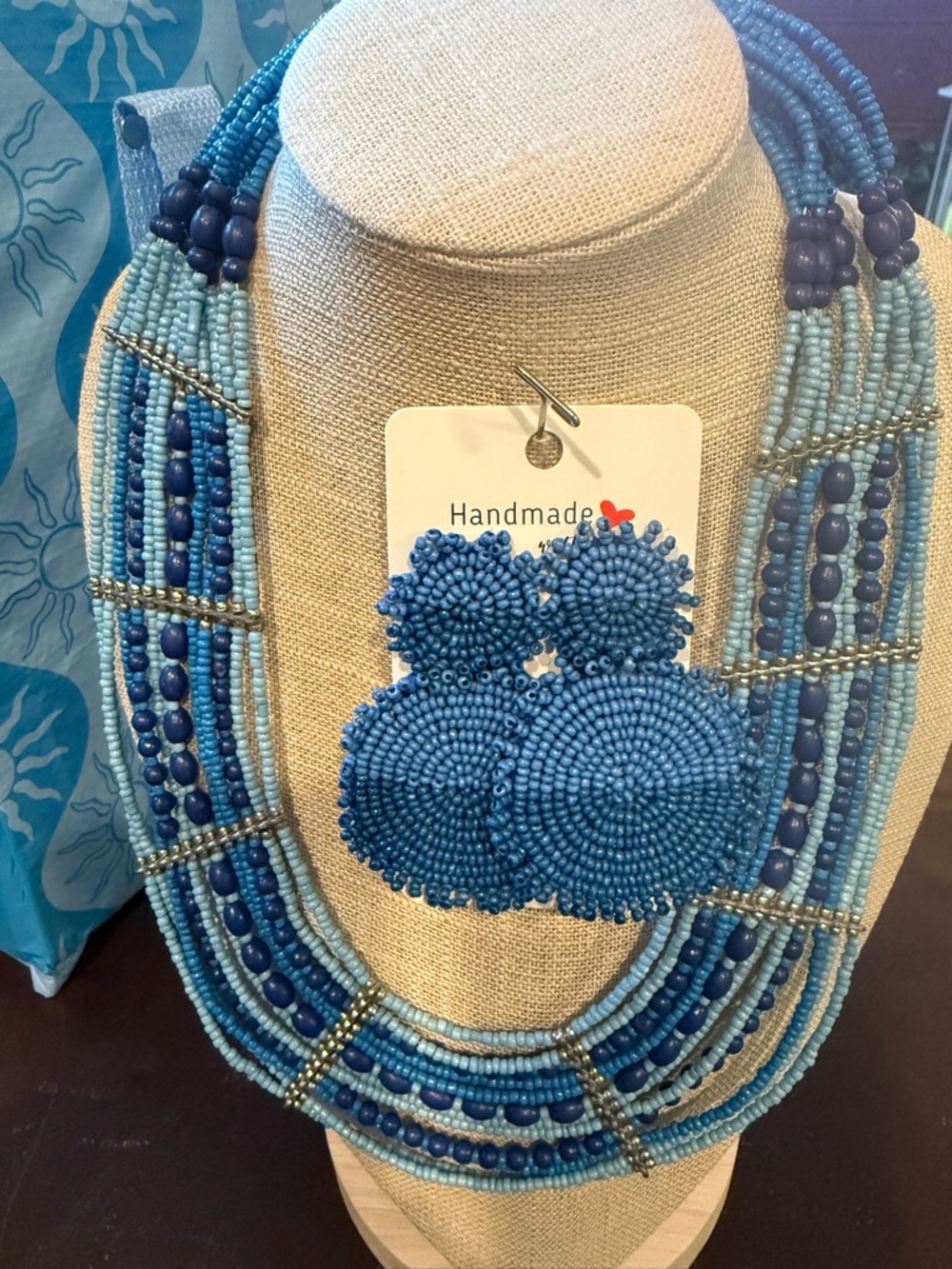 Handmade Blue Beaded Statement Necklace with Matching Earrings